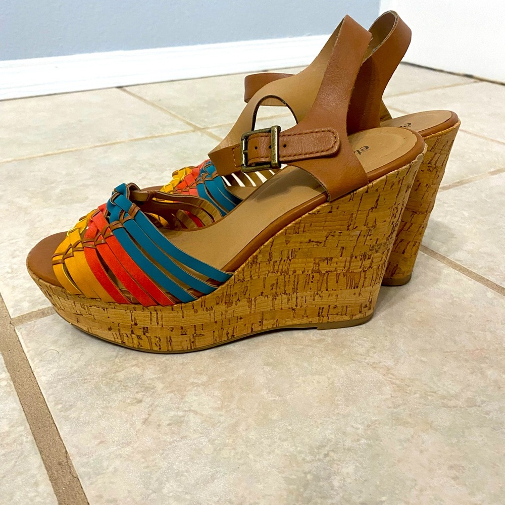Multi-color cork wedges size 8.5